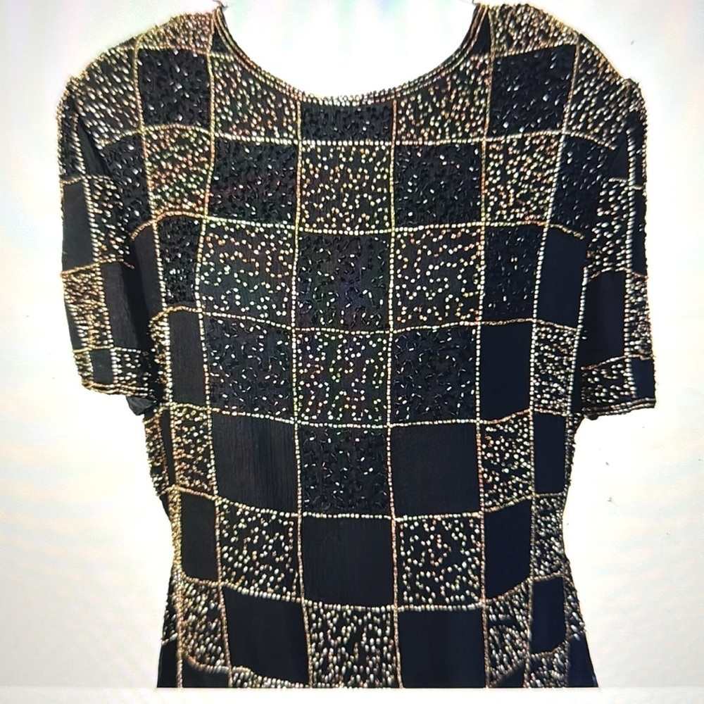 Adrianna Papell Black Gold Beaded Silk Chiffon Dress Size 8
